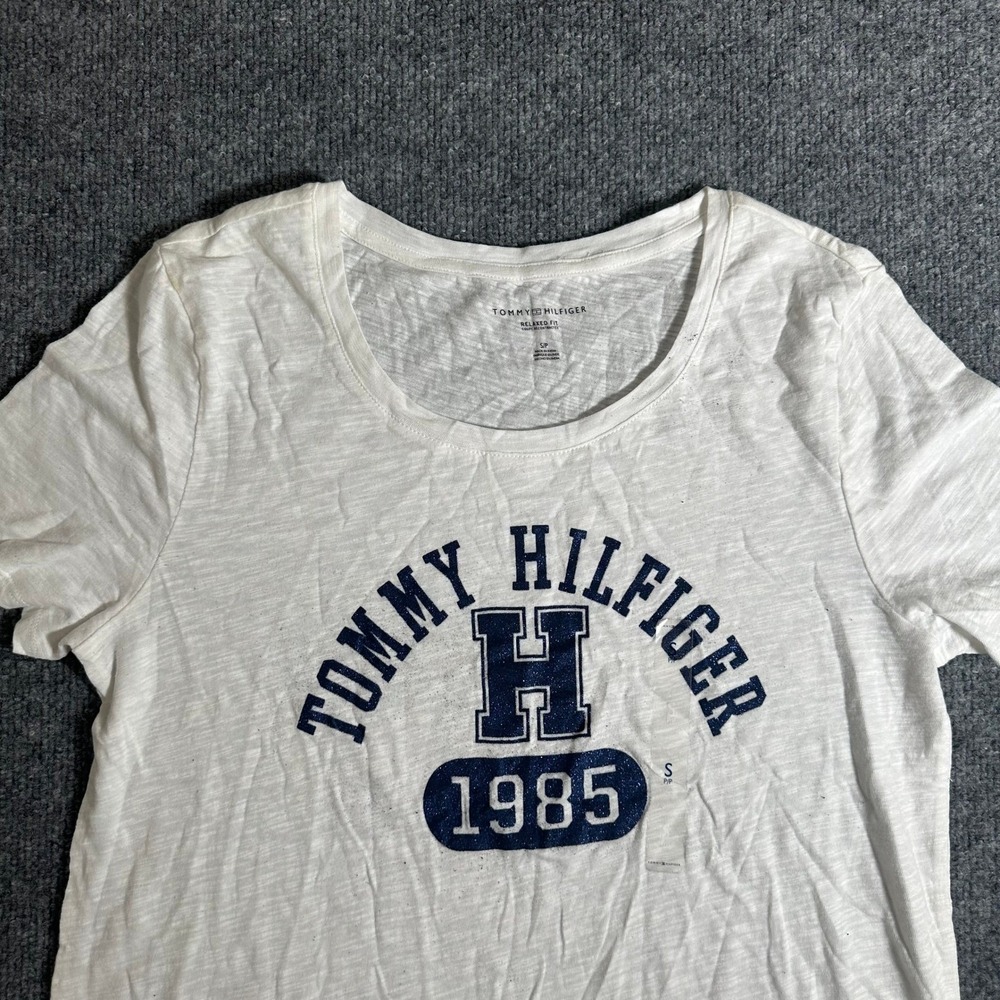 Tommy Hilfiger T-Shirt Womens Size S White Relaxed Fit Graphic Logo Slub Knit